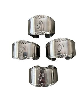 Vintage Customcraft Monogram “P” Stainless Steel Napkin Rings - Set of 4